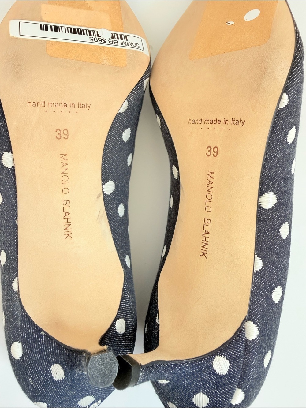 Manolo Blahnik BB 50 Dark Navy Denim White Polka Dot Kitten Heel Pumps EU 39 - Picture 8 of 8